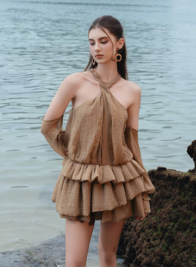 越南小众DARLING DIVA 2025年春季新款露锁骨设计简约荷叶边裙