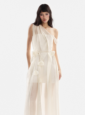 越南小众MUSTHAVE 2024秋季新款自然舒适白色花朵腰链连衣裙