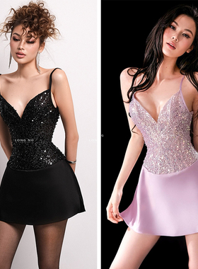 越南品牌PHUNG MINH LONG 2025年春季新款法式弧形亮片吊带裙