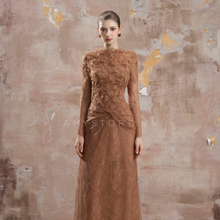 氛围感焦糖色轻熟长裙 新款 越南小众品牌AMY 2025年秋季