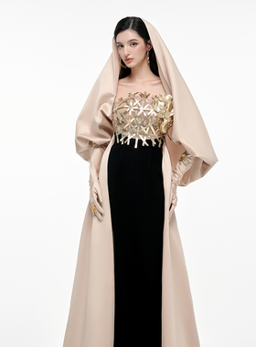 越南JOSEPHINE 2025年秋季新款异域魅力拼色长斗篷连衣裙
