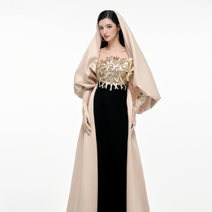 越南JOSEPHINE 2025年秋季新款异域魅力拼色长斗篷连衣裙