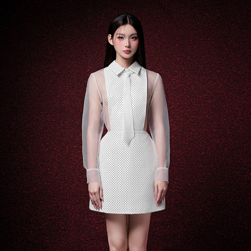 越南小众RAFFINE 2023年冬季新款薄纱袖拼接镂空西装式连衣裙