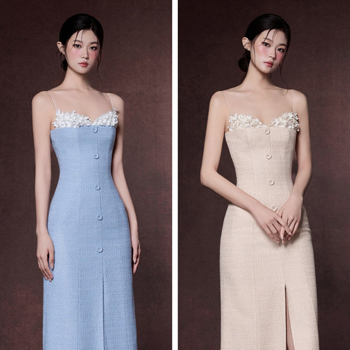 越南小众RAFFINE 2025年秋季新款小香风编织感高腰吊带裙