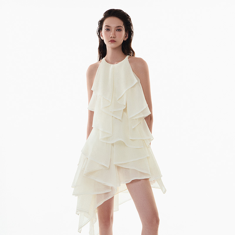 越南小众MUSTHAVE 2024夏季新款柔美纯欲不规则荷叶边挂脖长裙