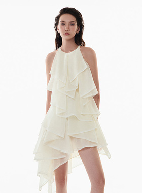 越南小众MUSTHAVE 2024夏季新款柔美纯欲不规则荷叶边挂脖长裙