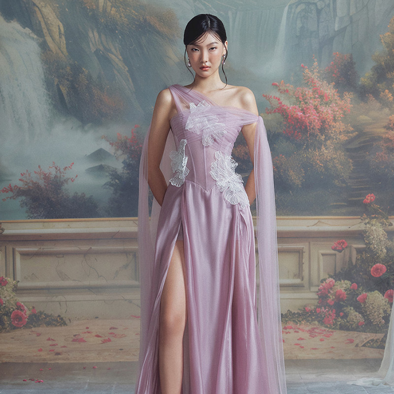 越南小众LINH PHUNG 2024年夏季新款仙气紫色高定垂感薄纱长裙