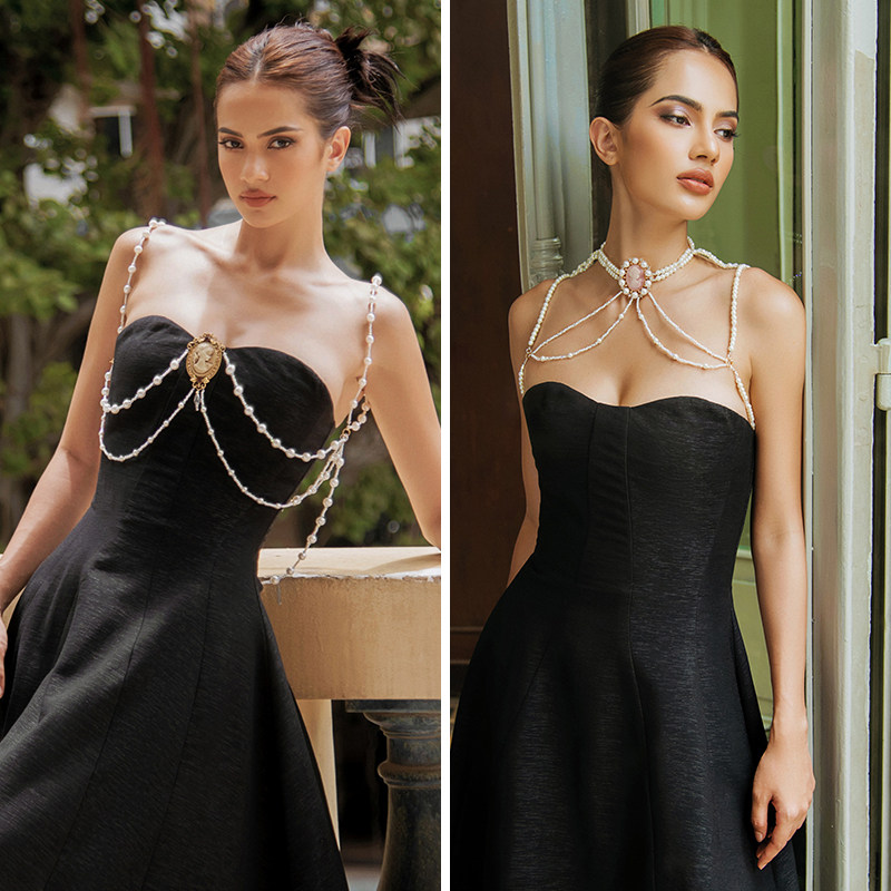 品牌授权越南小众cici 2022夏季新款宴会晚礼服高级珠链时尚长裙