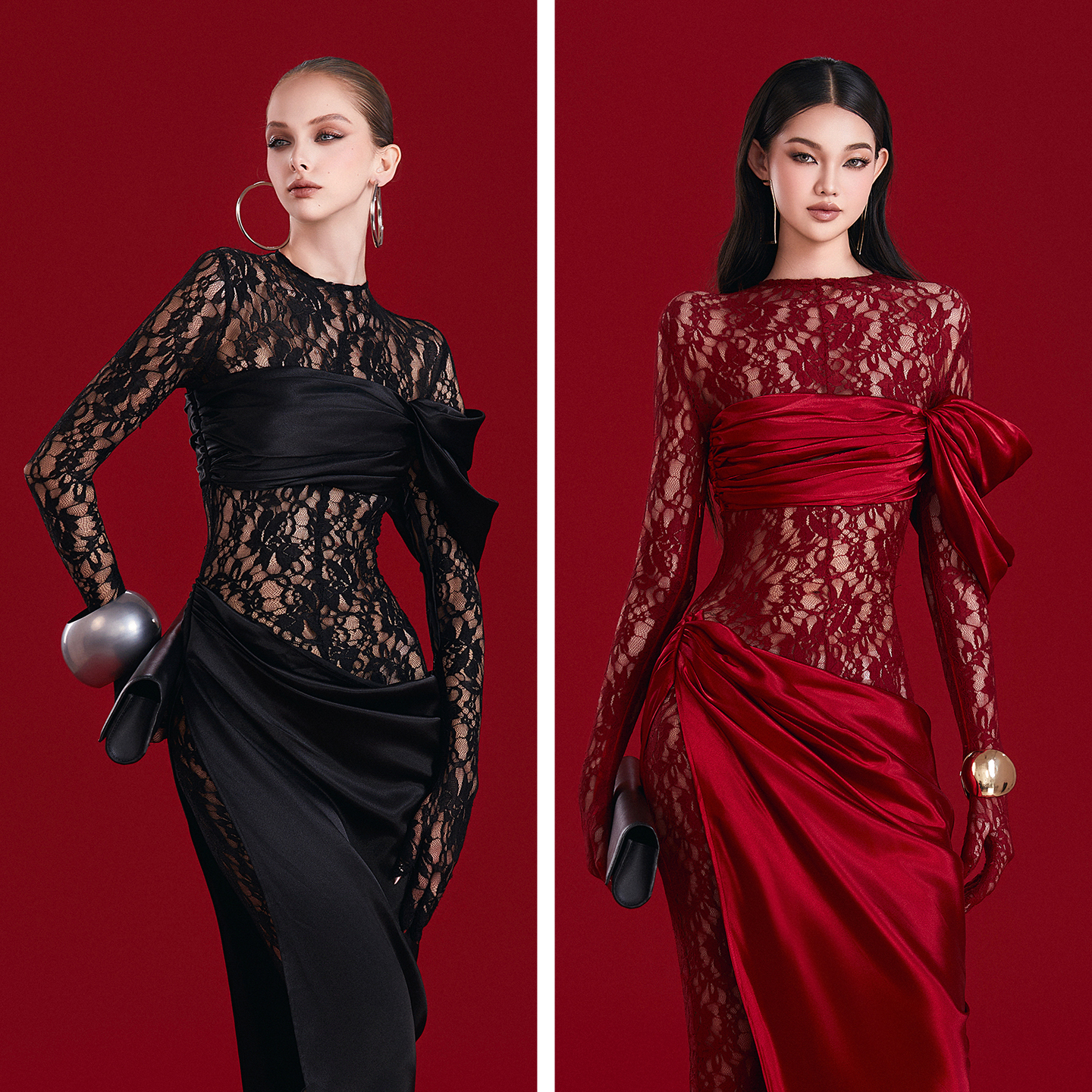 越南小众品牌MAEL 2025年冬季新款时尚大女主性感蕾丝包臀长裙