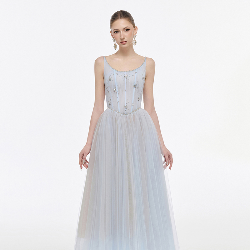 越南JOSEPHINE 2025年春季新款雅致蓝色闪亮水钻连衣裙