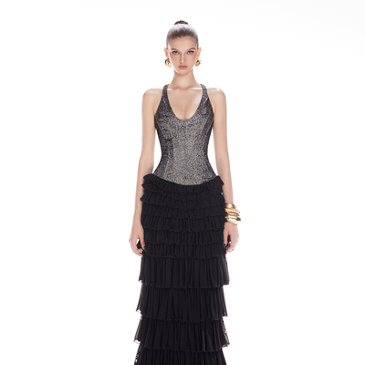 越南小众品牌MAEL 2025年夏季新款银黑修身鱼骨拼接多层次蛋糕裙