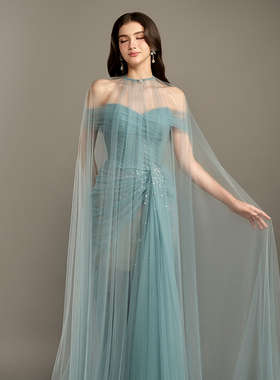 越南小众品牌ROSIE 2025年春季新款独特蓝绿色水钻薄纱长裙
