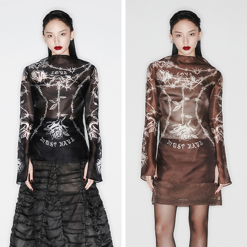 时尚设计感荆棘玫瑰印花套装裙