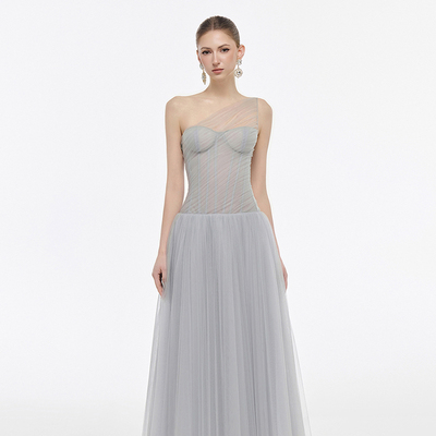 越南JOSEPHINE 2025年春季新款高雅蓝色束腰花朵连衣裙