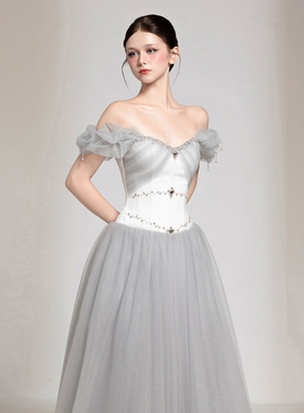 越南小众品牌CHOU PHAN 2025年秋季新款灰白拼色水钻袖长裙