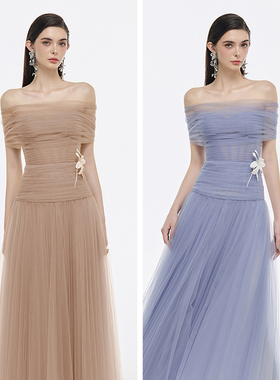 越南JOSEPHINE 2025年春季新款清润简雅一字肩薄纱收腰长裙