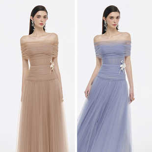 越南JOSEPHINE 2025年春季新款清润简雅一字肩薄纱收腰长裙