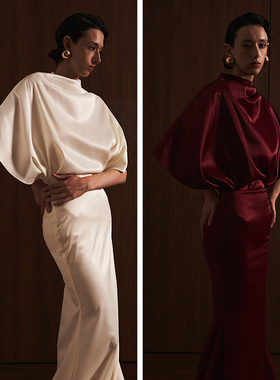 越南小众品牌TINH 2025年春季新款温柔珍润缎面宽松上衣+鱼尾裙