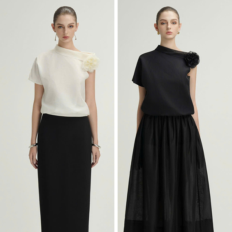 越南小众品牌ARTI 2025年新年新款不规则斜领花朵丝滑套装裙