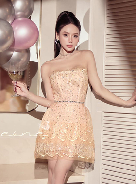 越南小众LA REINE 2025年春季新款娇俏千金橘色水钻抹胸裙