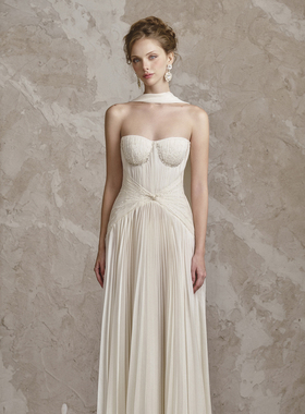 越南小众品牌ROSIE 2025年秋季新款白色缎面细褶设计飘带连衣裙