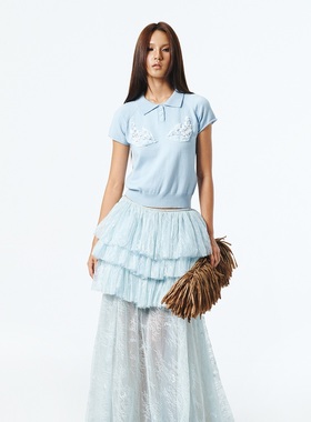 越南小众品牌ONONMM 2025年秋季新款清新baby蓝拼接POLO衫+蛋糕裙