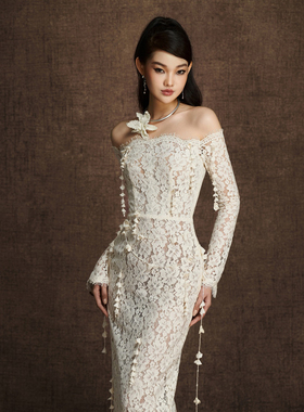 越南小众KEIRA TONG 2025年秋季新款温柔甜美白色蕾丝轻礼服裙