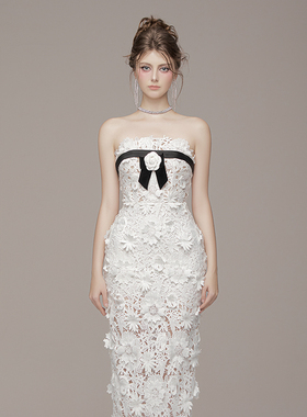 越南小众品牌BY JENNY 2024夏季新款华丽优雅山茶花抹胸裙