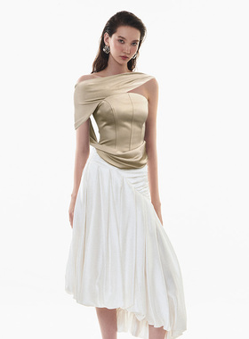 越南小众MUSTHAVE 2024夏季新款时尚浅卡其鱼骨抹胸+白色半裙