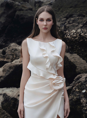 越南小众DARLING DIVA 2025年春季新款法式优雅荷叶边开衩长裙