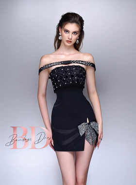 越南小众品牌BANDAGE 2024冬季新款黑色水钻蝴蝶结抹胸裙