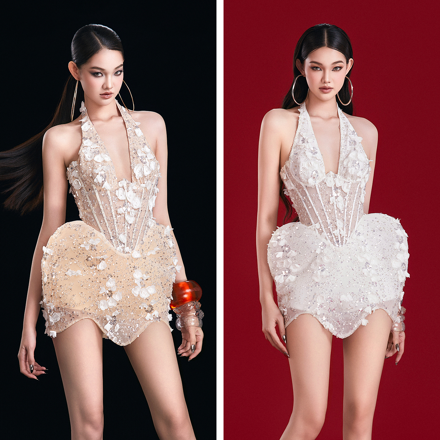 越南小众品牌MAEL 2025年冬季新款千金感挂脖花朵鱼骨连衣裙