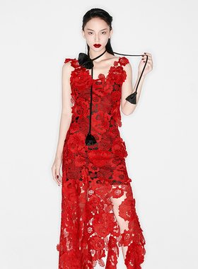 越南小众MUSTHAVE 2024年春季新款娇艳性感红色蕾丝花连衣裙