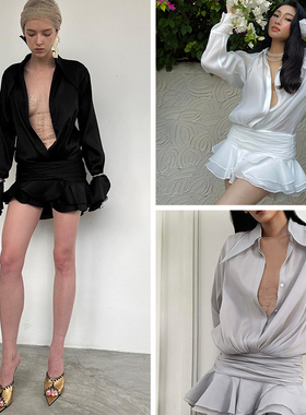 越南小众品牌DATT 2025年春夏新款性感辣妹风荷叶边顺滑衬衫裙