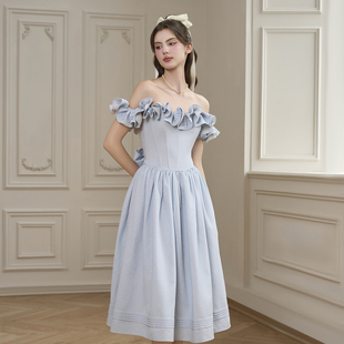 新款 2025年夏季 清雅淡蓝色木耳边抹胸裙 ANGE 越南小众品牌BEL
