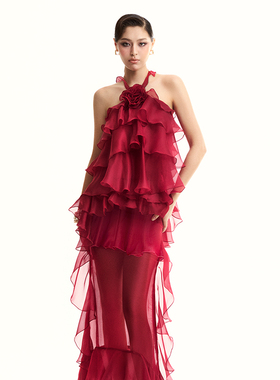 越南小众MUSTHAVE 2024年冬季新款艳丽减龄红色不规则荷叶边长裙