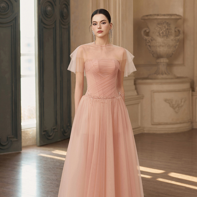 越南JOSEPHINE 2025年夏季新款温柔宫廷风粉色轻盈薄纱长裙