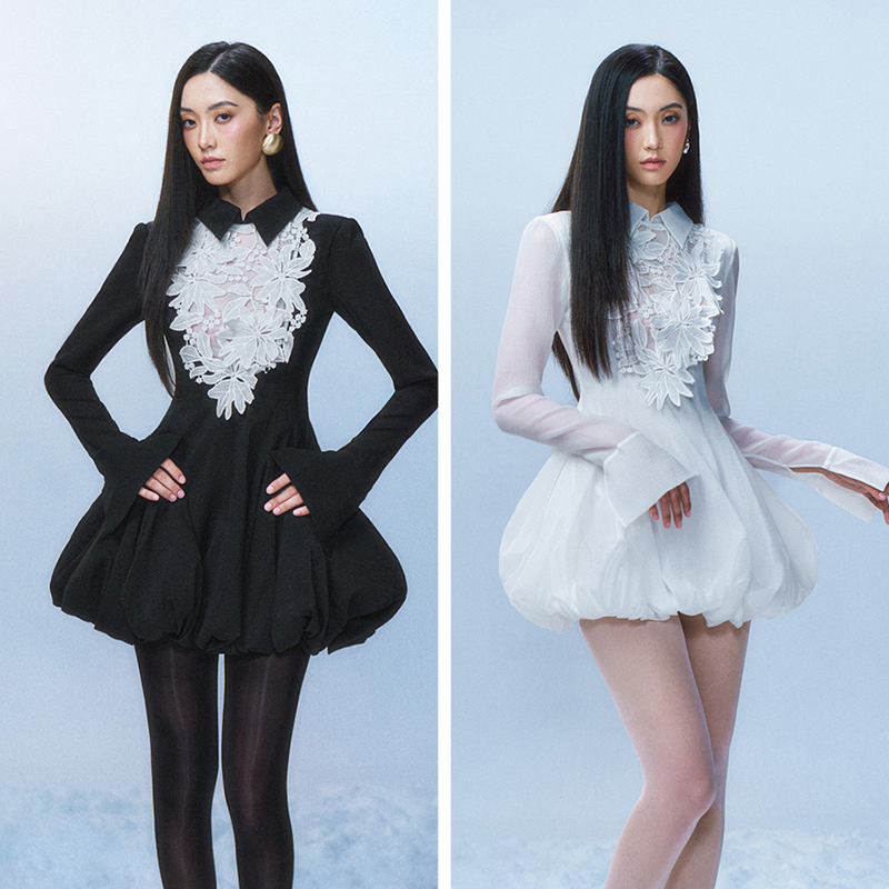 越南小众品牌OIA 2024秋季新款千金名媛风精致镂空花朵泡芙裙