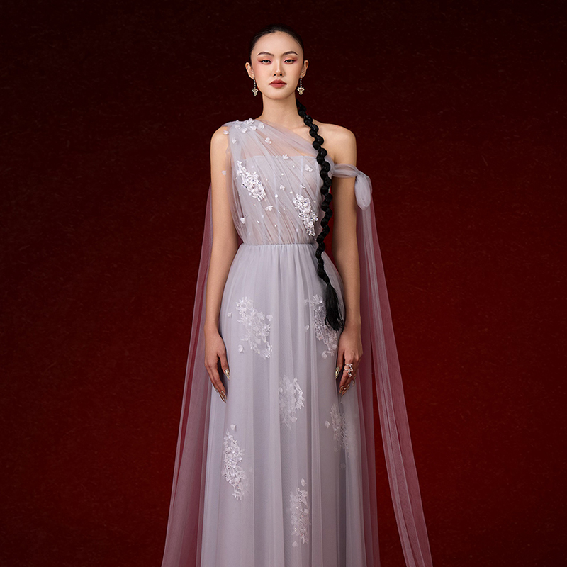 越南JOSEPHINE 2025年新年新款淡雅娴静灰蓝色花朵连衣裙