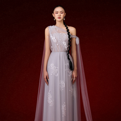 越南JOSEPHINE 2025年新年新款淡雅娴静灰蓝色花朵连衣裙