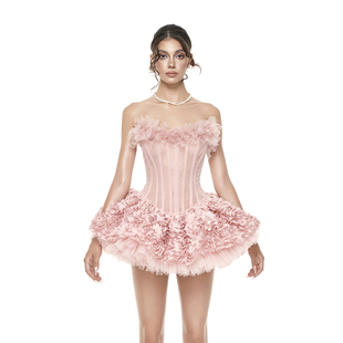 越南小众品牌MOULINROSE 2025年春季新款甜蜜粉色花朵抹胸公主裙