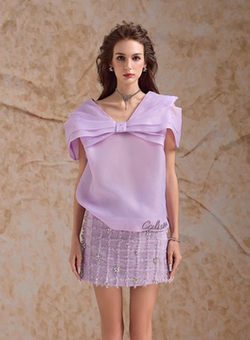 越南小众品牌CALISTA 2025年春季新款淡雅气质紫色蝴蝶结套装裙