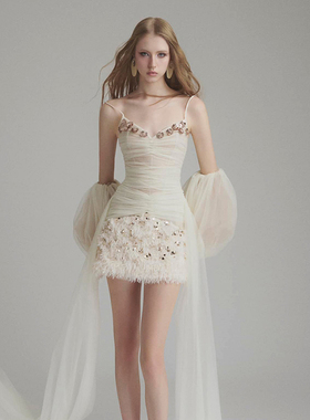 越南小众ONON MADE 2025年春季新款薄纱拼接绒面亮片连衣裙