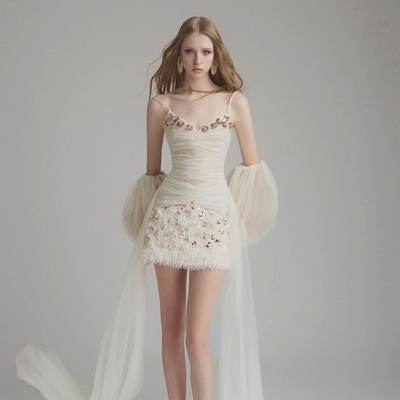 越南小众ONON MADE 2025年春季新款薄纱拼接绒面亮片连衣裙