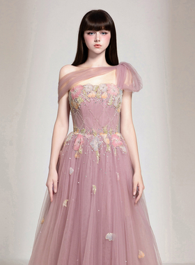 越南小众品牌CHOU PHAN 2025年秋季新款粉紫色繁花水钻长裙
