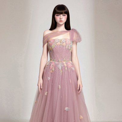 越南小众品牌CHOU PHAN 2025年秋季新款粉紫色繁花水钻长裙