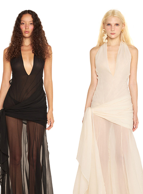 越南小众品牌DATT 2024年夏季新款秀场模特透视薄纱拖地连衣裙