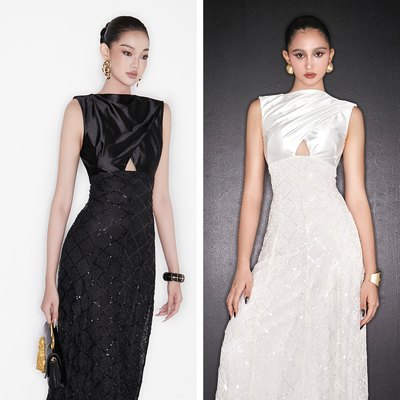 越南小众品牌MOORIS 2025年夏季新款细腻垂感缎面亮片棱格礼服裙