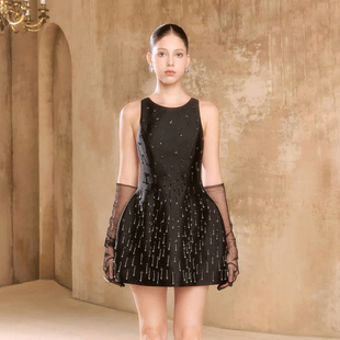 小鹿精灵黑色水钻连衣裙 新款 越南小众品牌ARTI 2026年春季