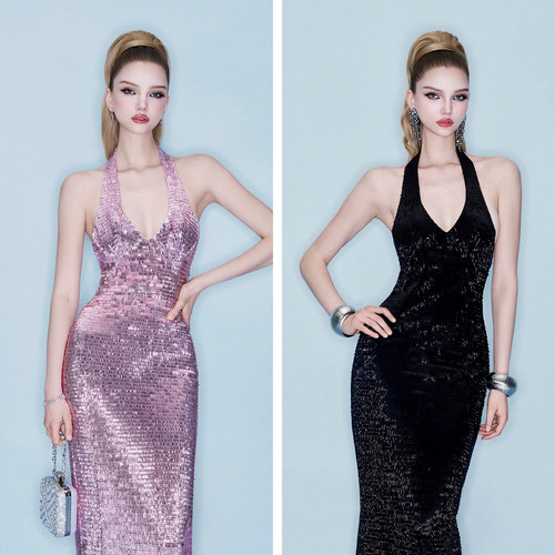 越南小众品牌GLAMDOLL 2026年夏季新款御姐身材固铂V领显瘦亮片裙